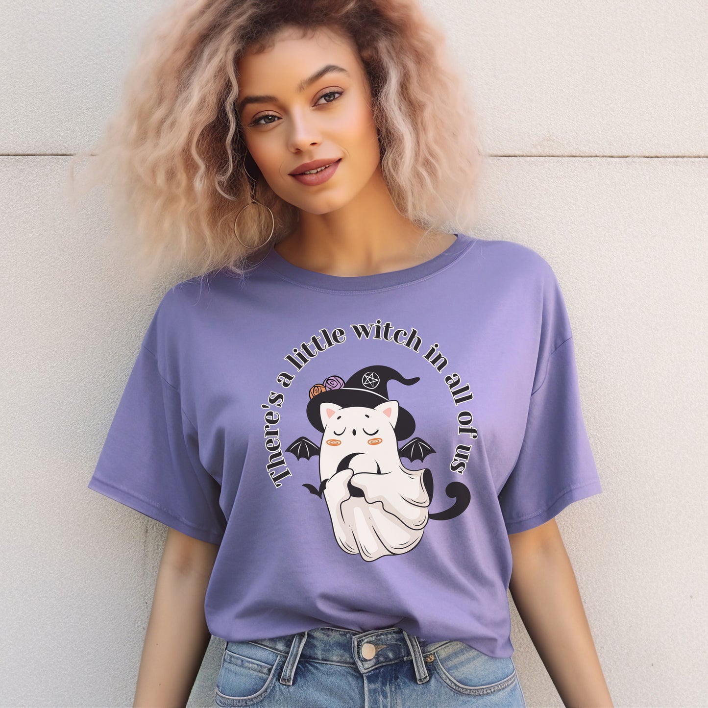 Funny Retro Witch Cat Halloween T-shirt - There's a Little Witch in all of Us