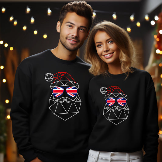 Unisex Geometric Abstract Father Christmas Sweatshirt - With Union Jack Sunglasses