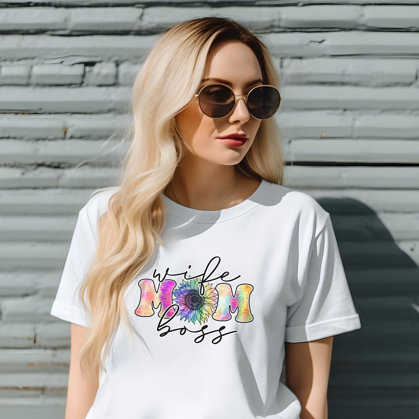 Rainbow Coloured 'Wife, Mom, Boss' sunflower T-shirt - Mother's Day or Birthday Gift