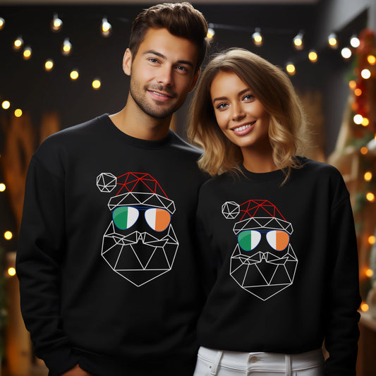 Unisex Geometric Abstract Father Christmas Sweatshirt - With Patriotic Irish Flag Glasses