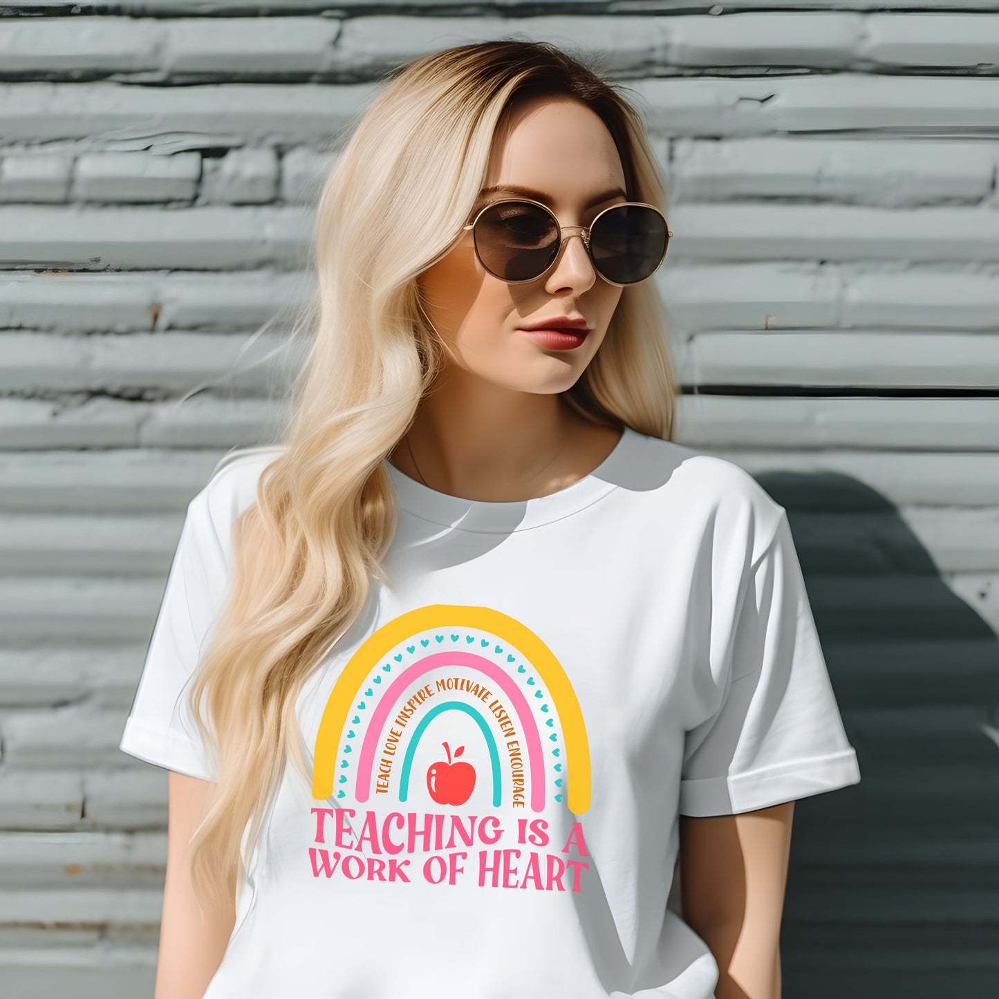 Best Teacher T-shirt - Teaching is a Work of Heart Rainbow Design