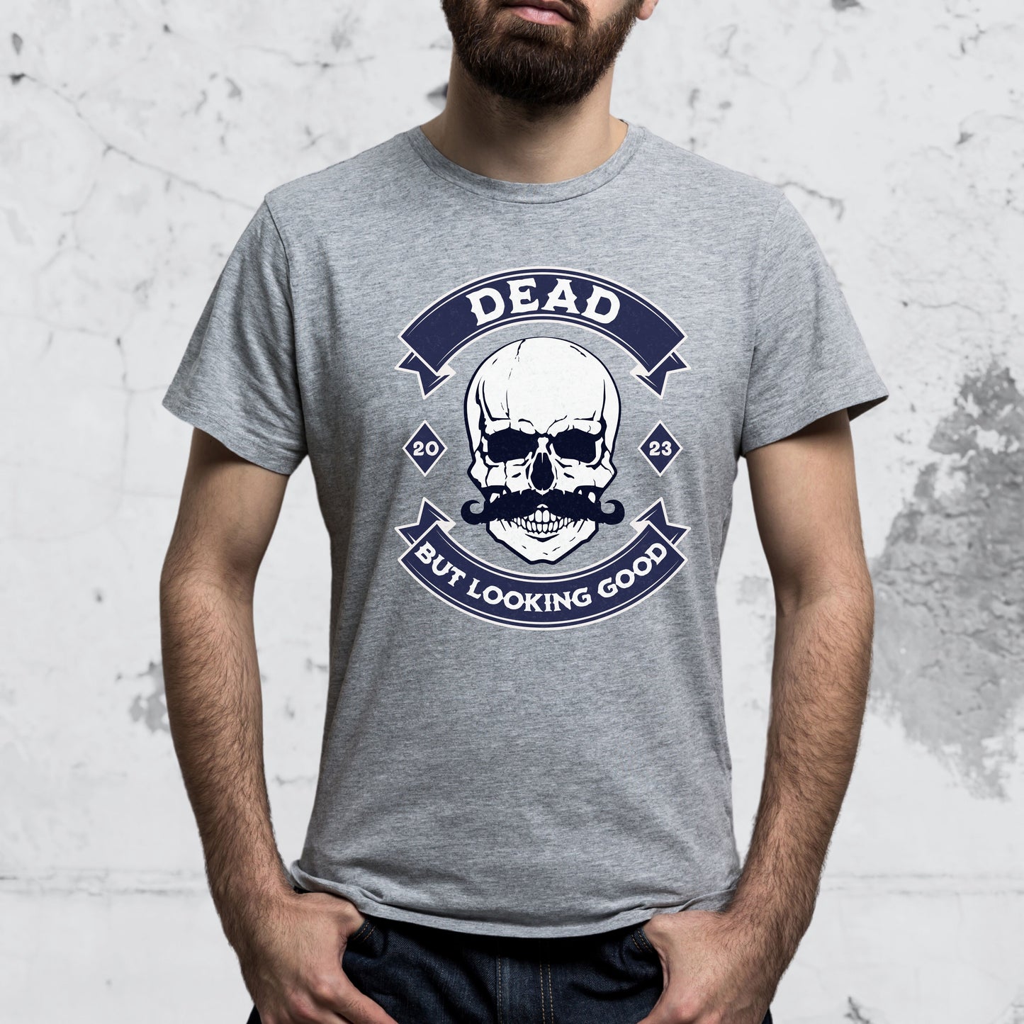 Funny Gothic Skull With Moustache T-shirt - Dead But Looking Good