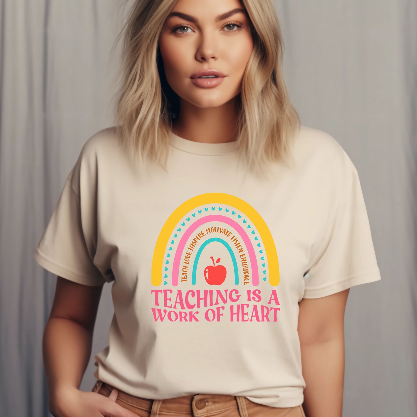 Best Teacher T-shirt - Teaching is a Work of Heart Rainbow Design