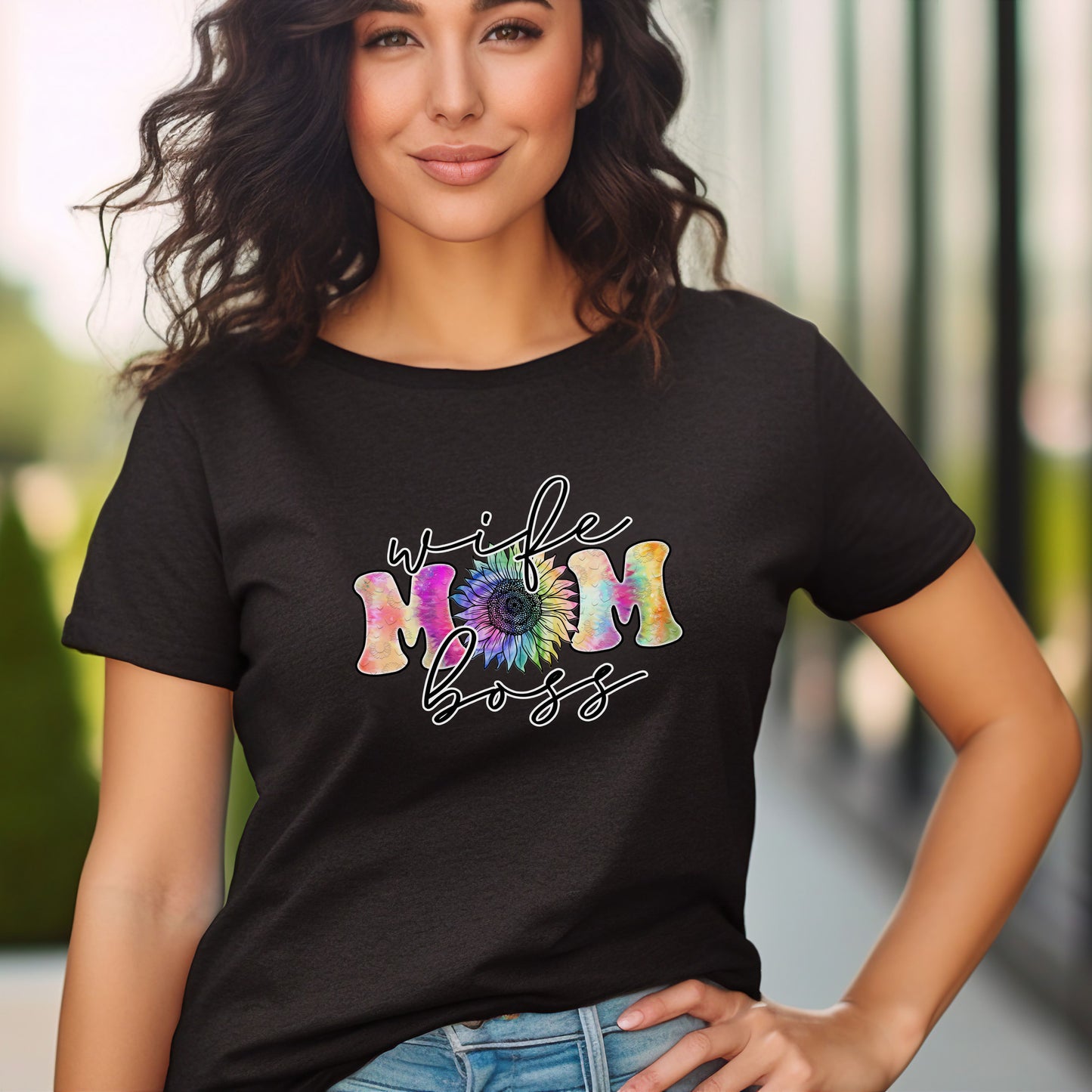 Rainbow Coloured 'Wife, Mom, Boss' sunflower T-shirt - Mother's Day or Birthday Gift