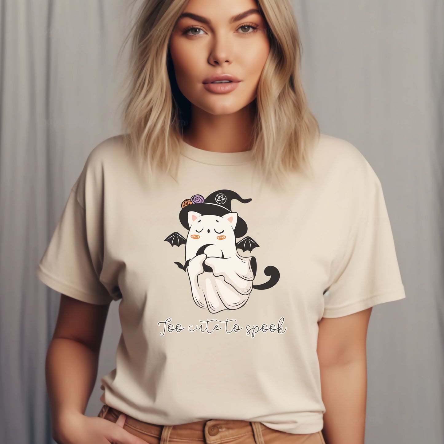 Funny Retro Witch Ghost Cat Halloween T-shirt - Too Cute To Spook