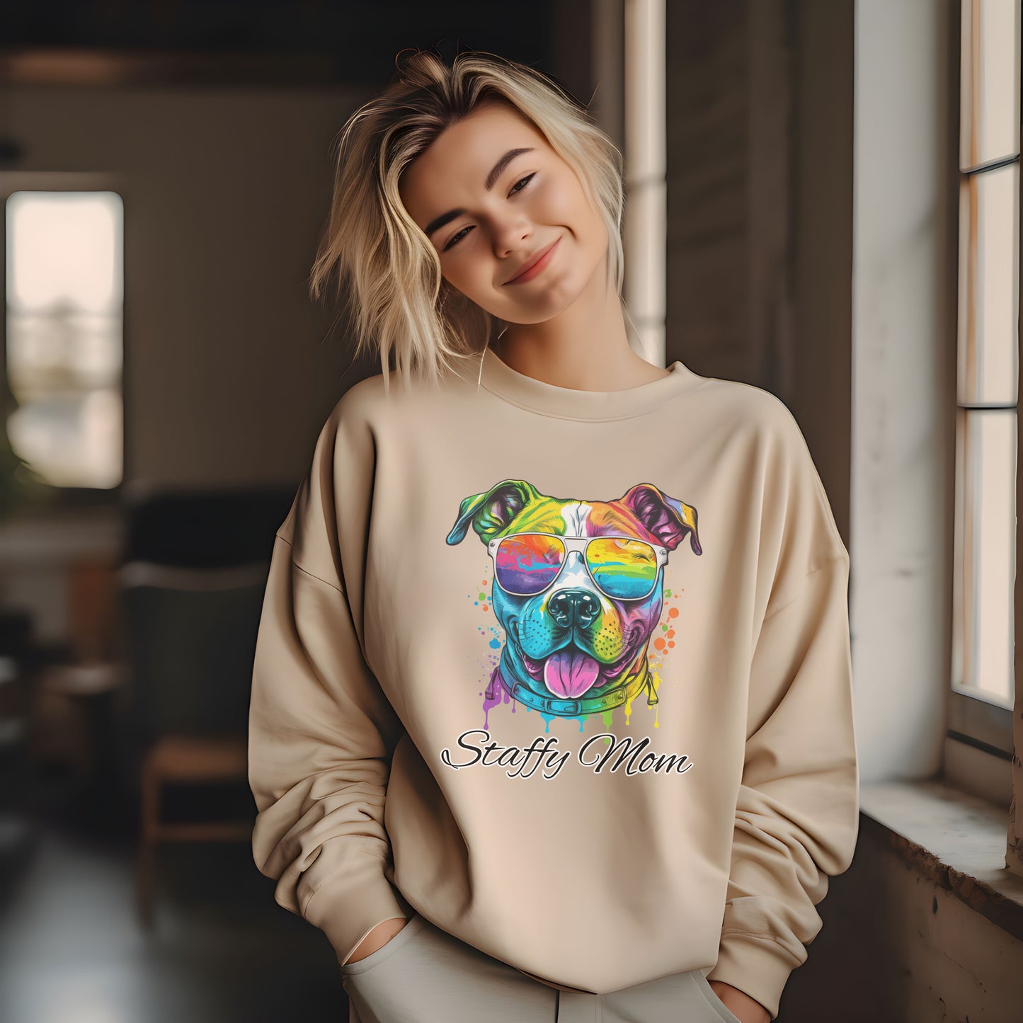 Beautiful Water Colour Staffordshire Bull Terrier Mom Sweatshirt