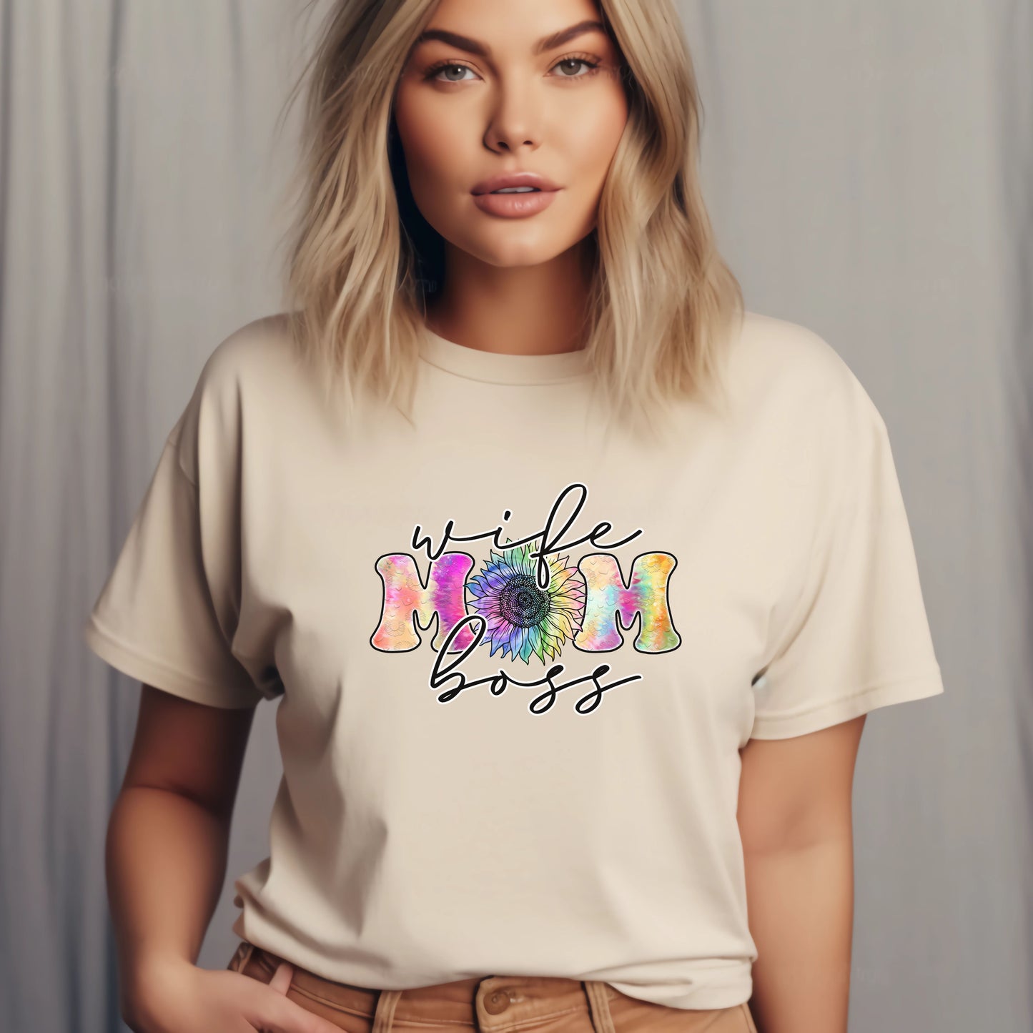 Rainbow Coloured 'Wife, Mom, Boss' sunflower T-shirt - Mother's Day or Birthday Gift