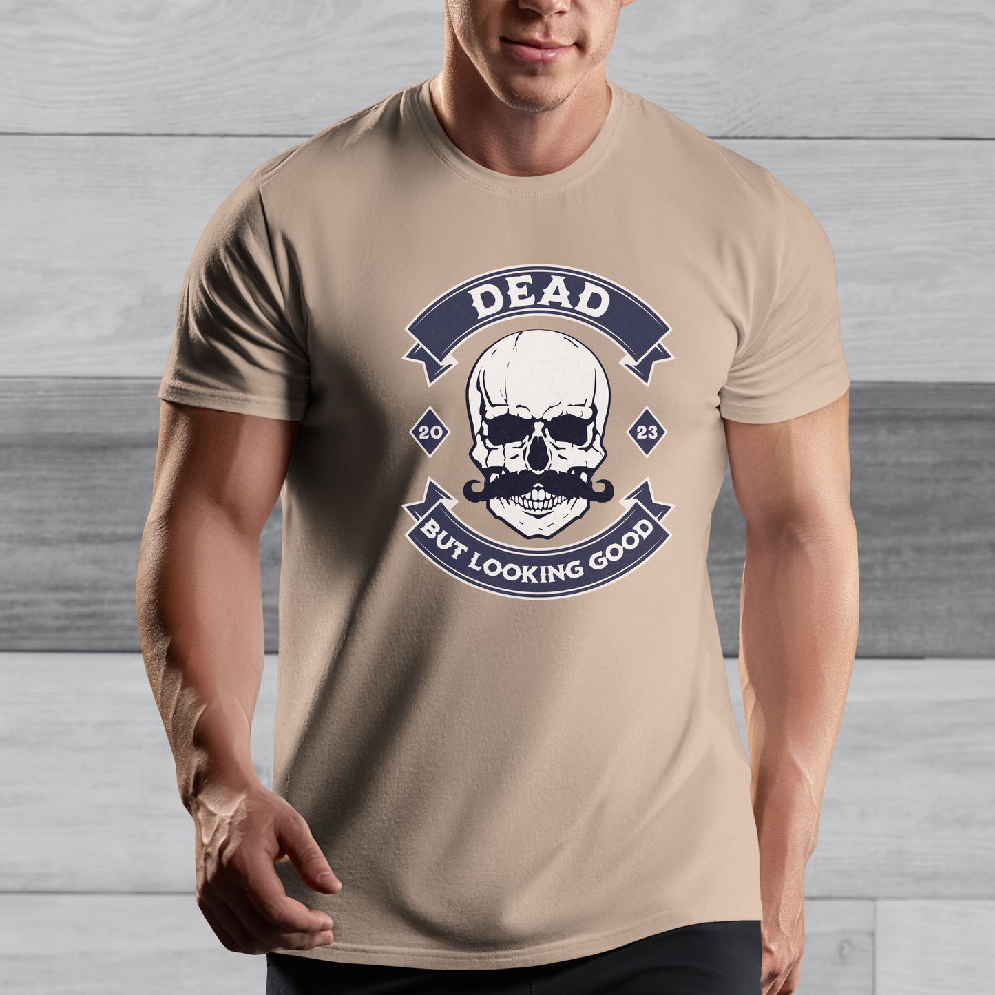 Funny Gothic Skull With Moustache T-shirt - Dead But Looking Good