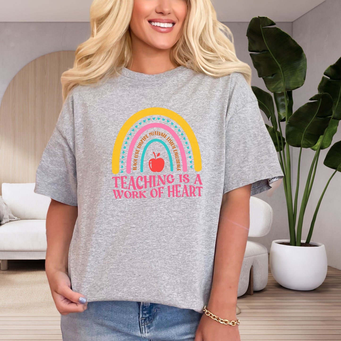 Best Teacher T-shirt - Teaching is a Work of Heart Rainbow Design