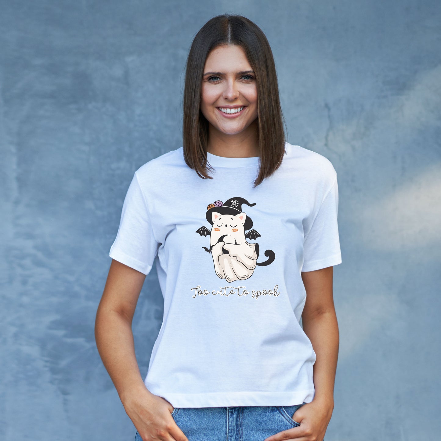 Funny Retro Witch Ghost Cat Halloween T-shirt - Too Cute To Spook