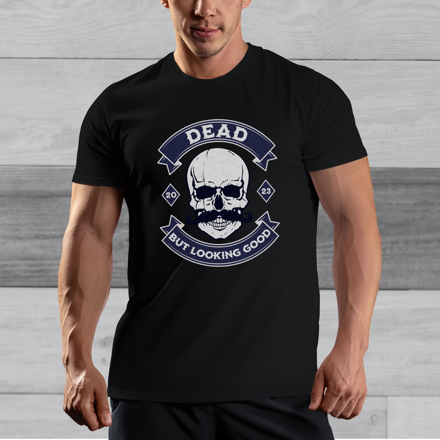 Funny Gothic Skull With Moustache T-shirt - Dead But Looking Good