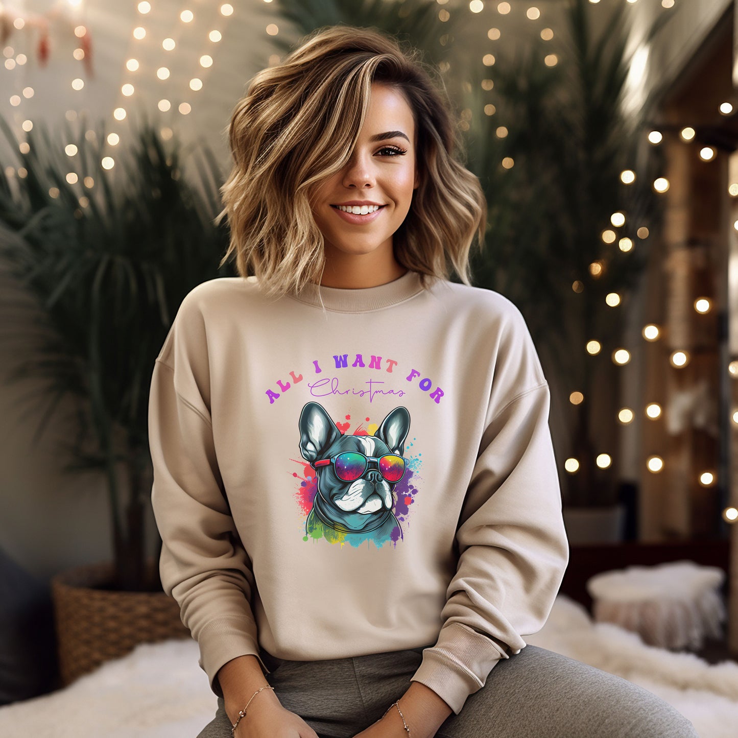 Water Colour French Bull Dog Mom Christmas Sweatshirt