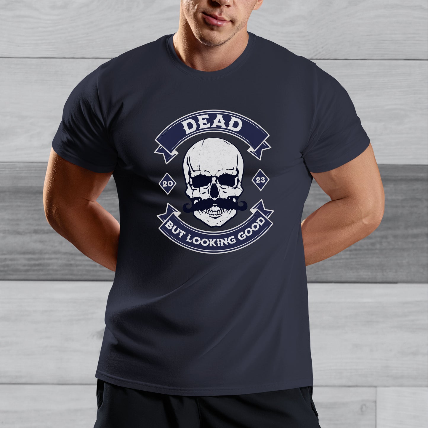 Funny Gothic Skull With Moustache T-shirt - Dead But Looking Good