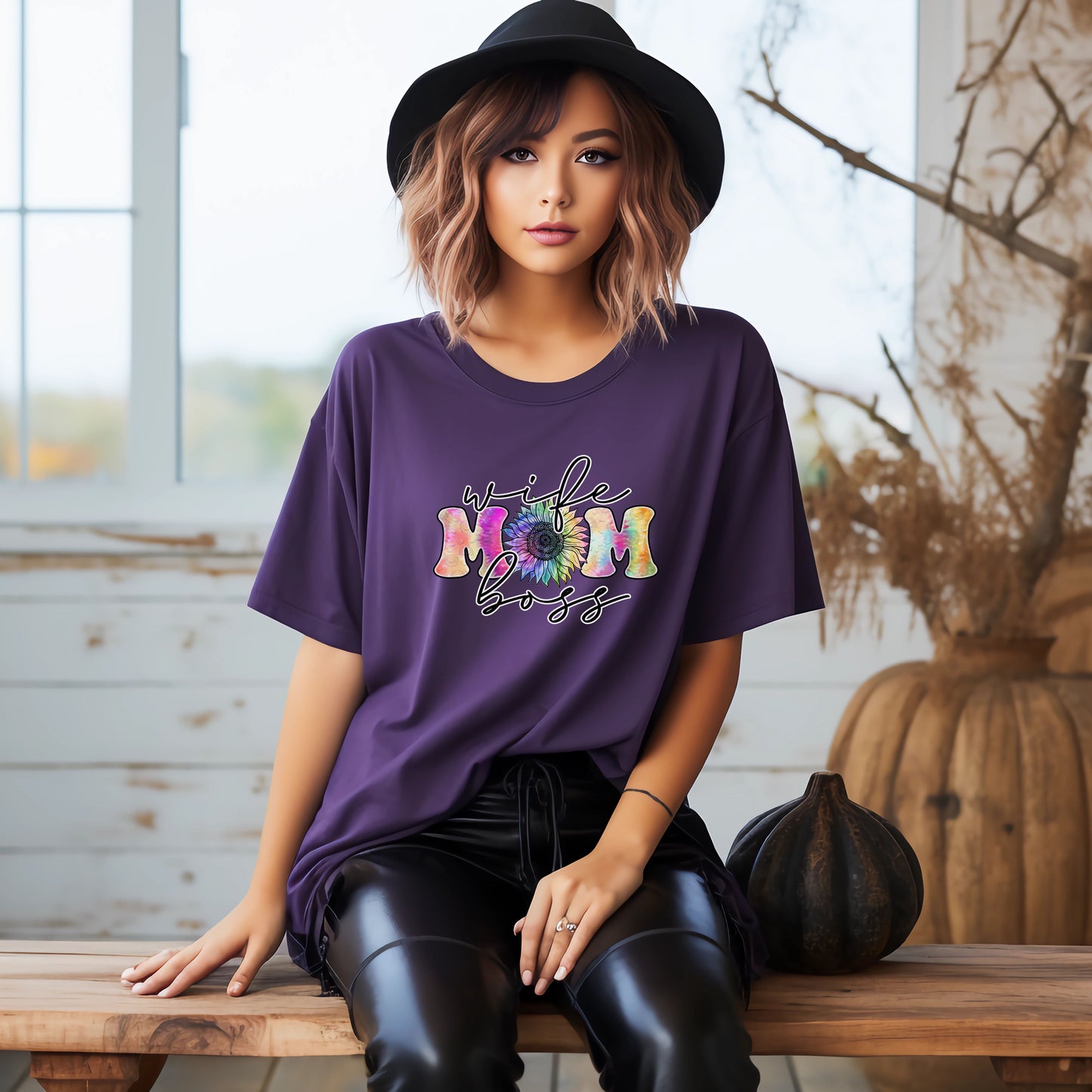 Rainbow Coloured 'Wife, Mom, Boss' sunflower T-shirt - Mother's Day or Birthday Gift