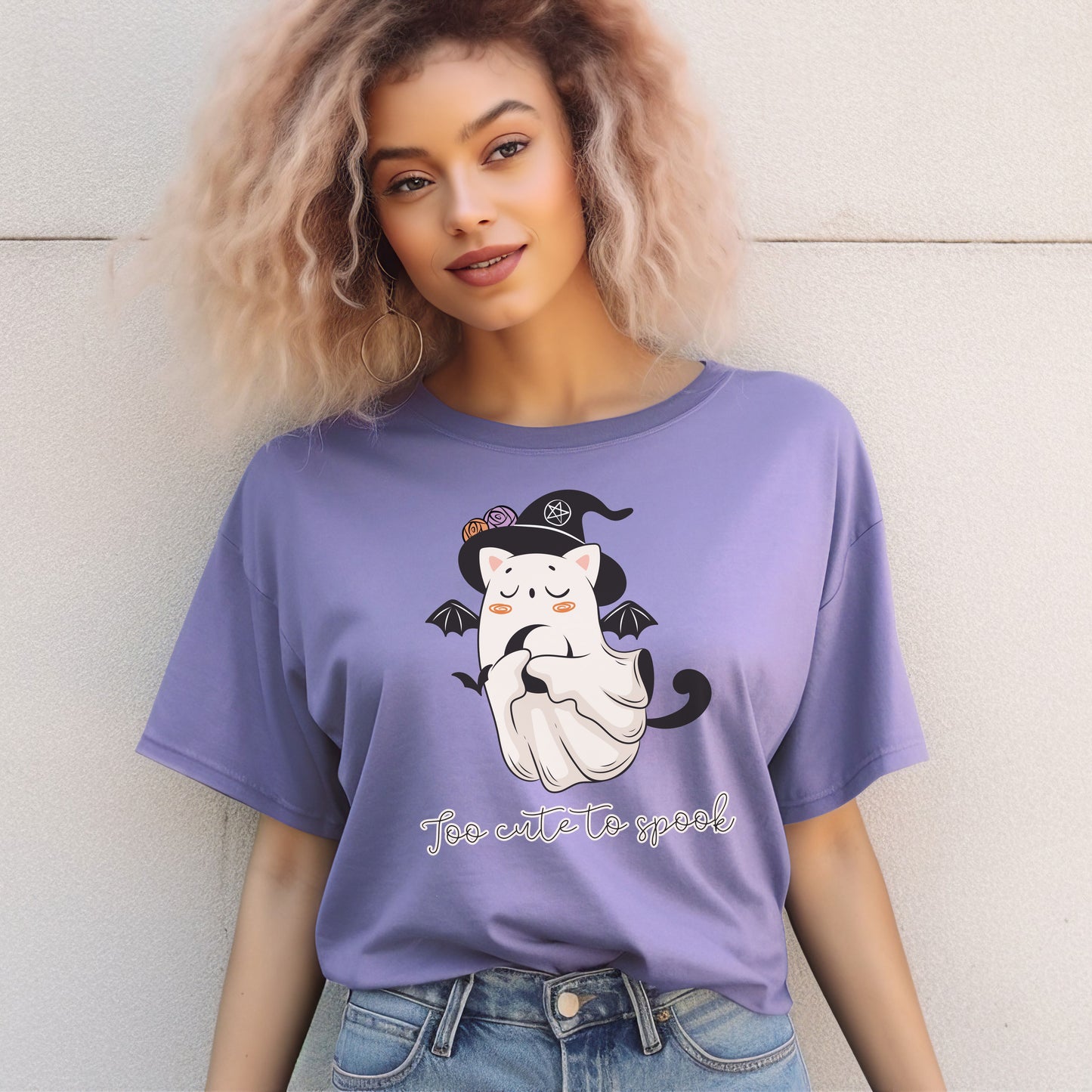 Funny Retro Witch Ghost Cat Halloween T-shirt - Too Cute To Spook