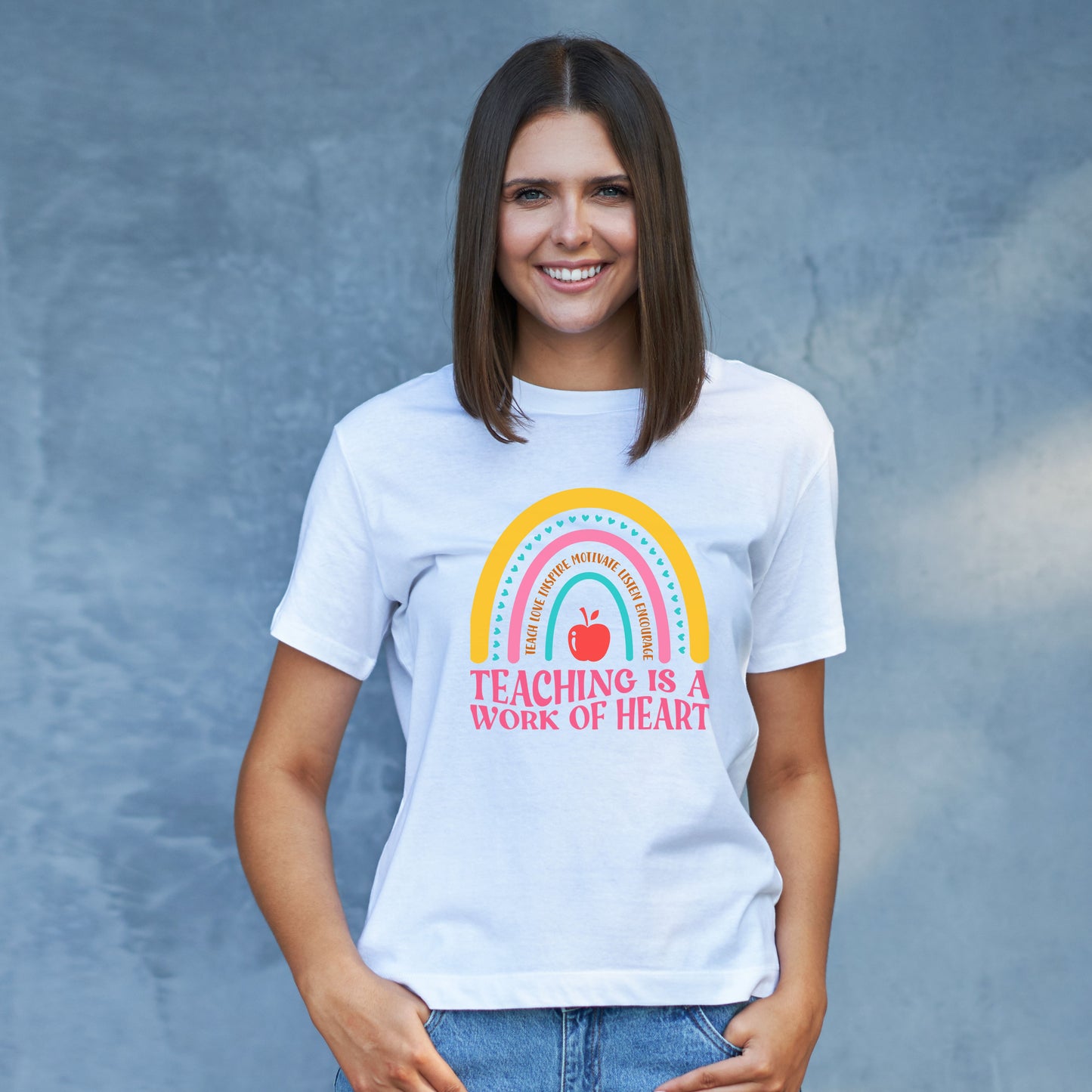 Best Teacher T-shirt - Teaching is a Work of Heart Rainbow Design