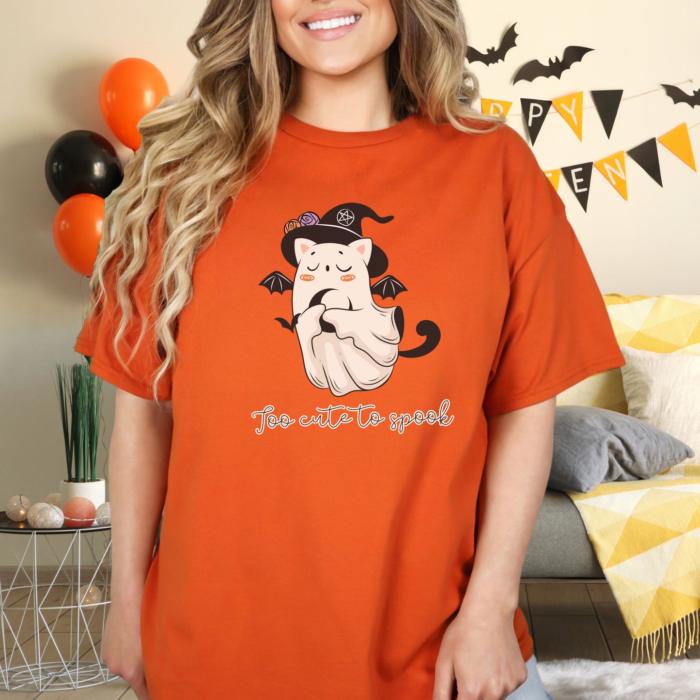 Funny Retro Witch Ghost Cat Halloween T-shirt - Too Cute To Spook