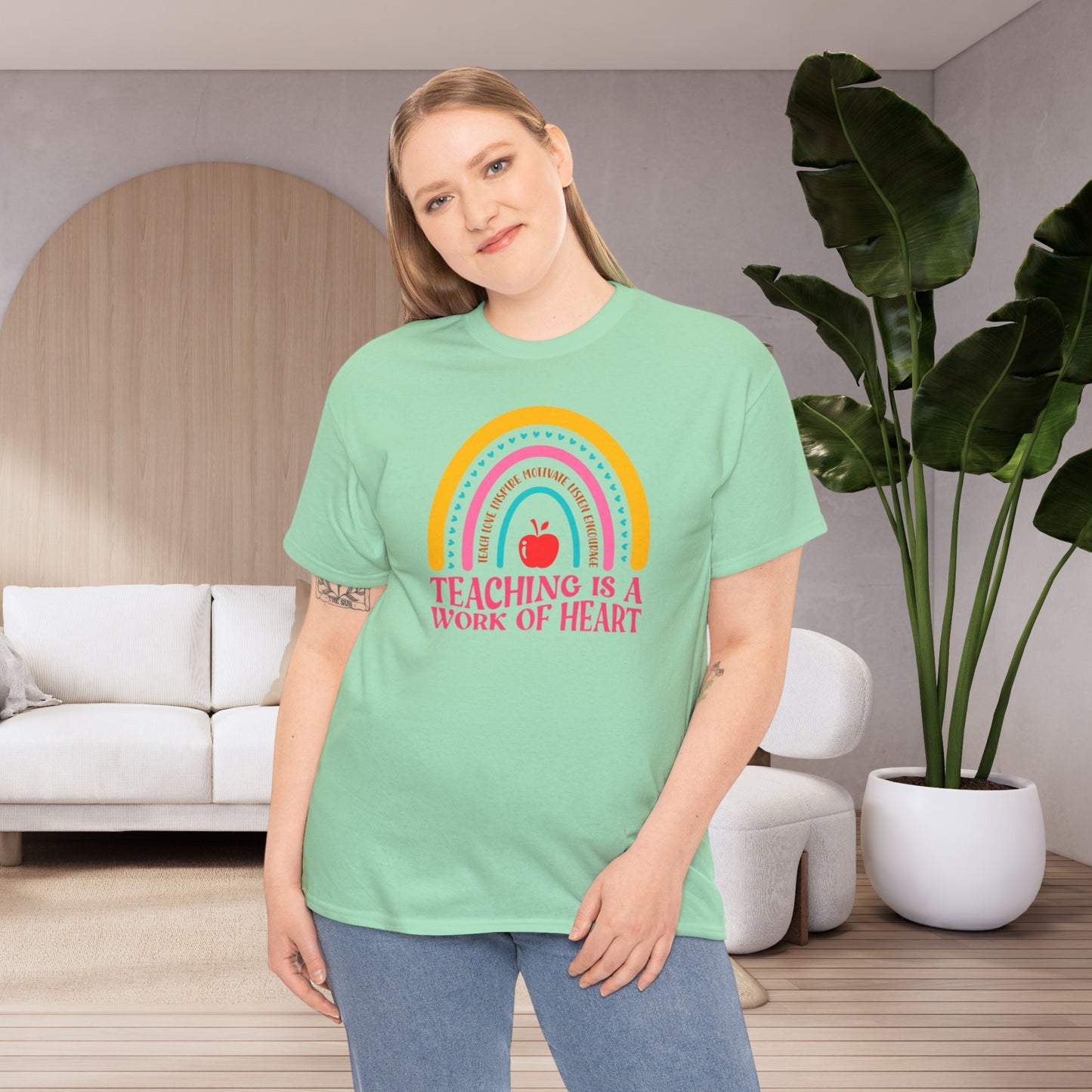 Best Teacher T-shirt - Teaching is a Work of Heart Rainbow Design