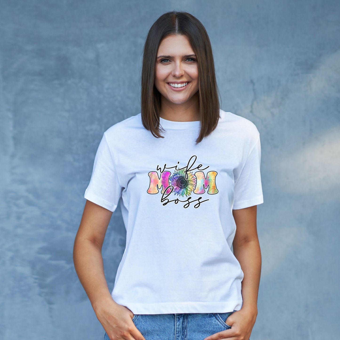 Rainbow Coloured 'Wife, Mom, Boss' sunflower T-shirt - Mother's Day or Birthday Gift