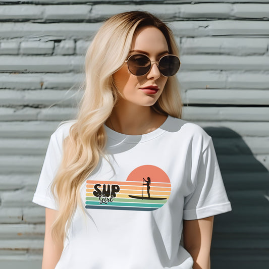 SUP Girl T-Shirt, Stand Up Paddle-boarding Shirt, Girl's Sunset SUP Tee, SUP Surf Tee, Girl's Paddle-boarding Tee, Retro Paddle Boarding Tee